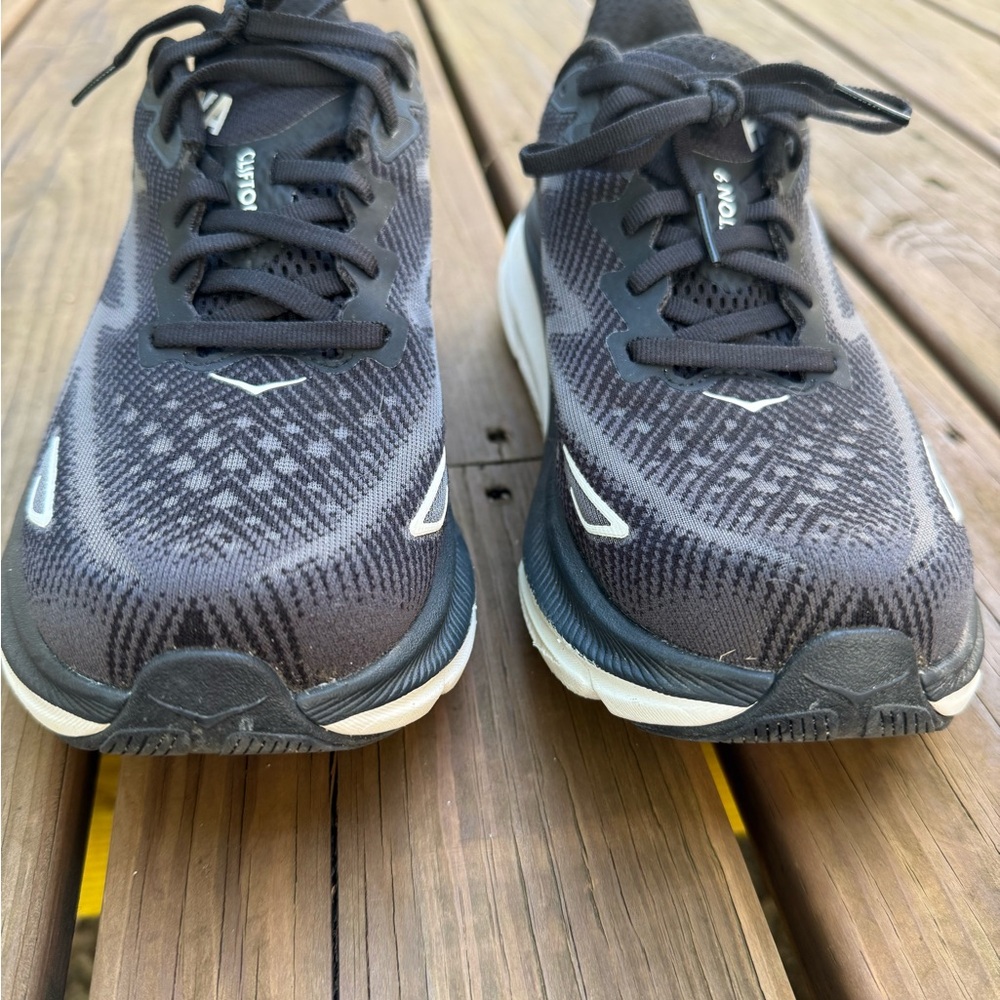 Hoka Clifton 9 Black and White Athletic Shoes - Picture 3 of 10
